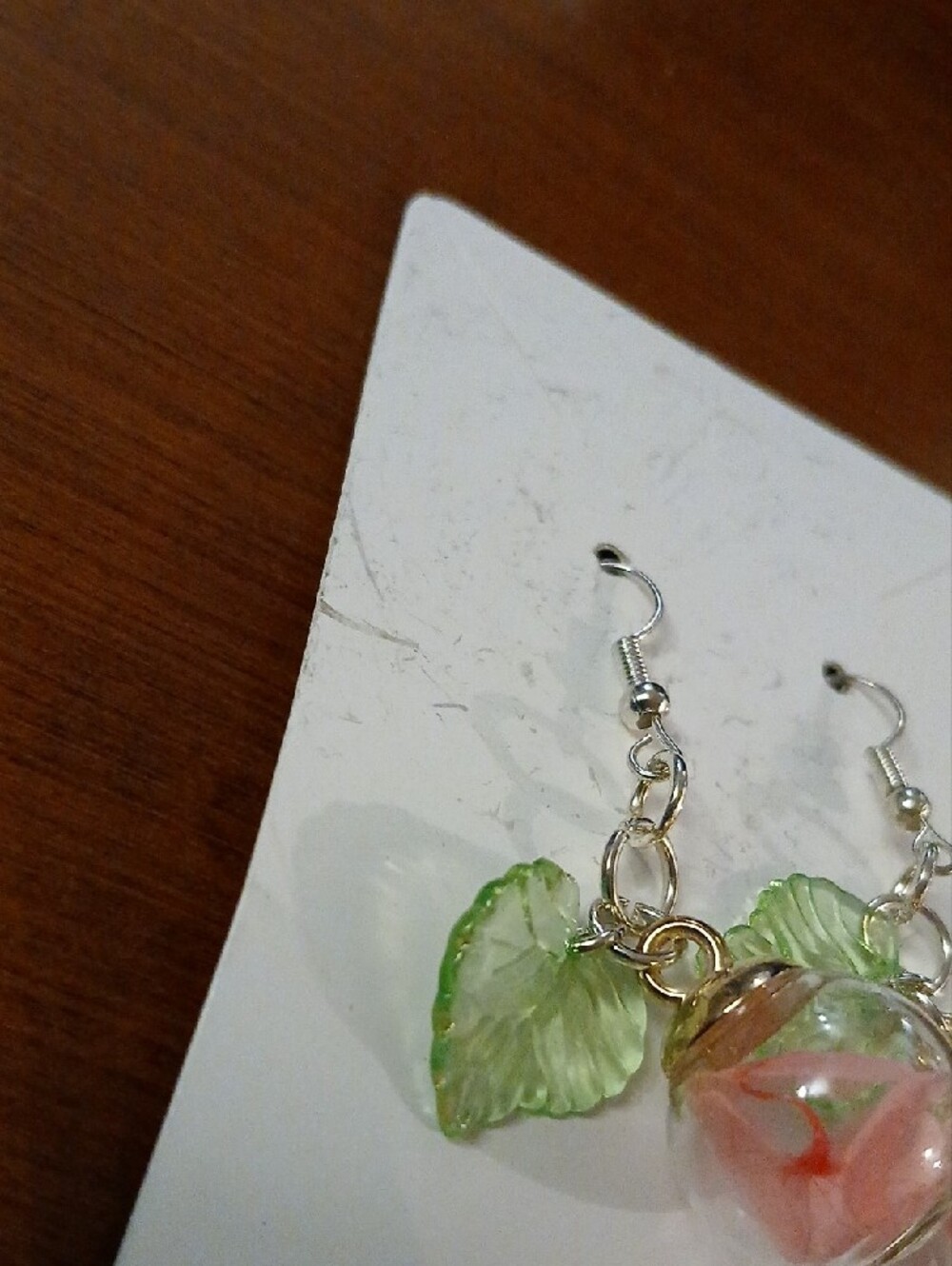 Handmade Pink Glass Flower & Green Leaf Dangle Earrings - Picture 3 of 8